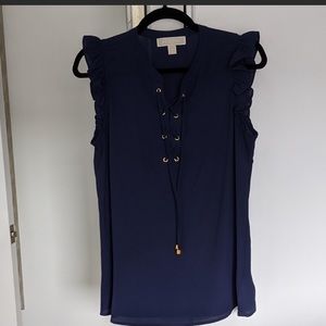 Michael Kors Navy Tie Up Blouse Gold Hardware